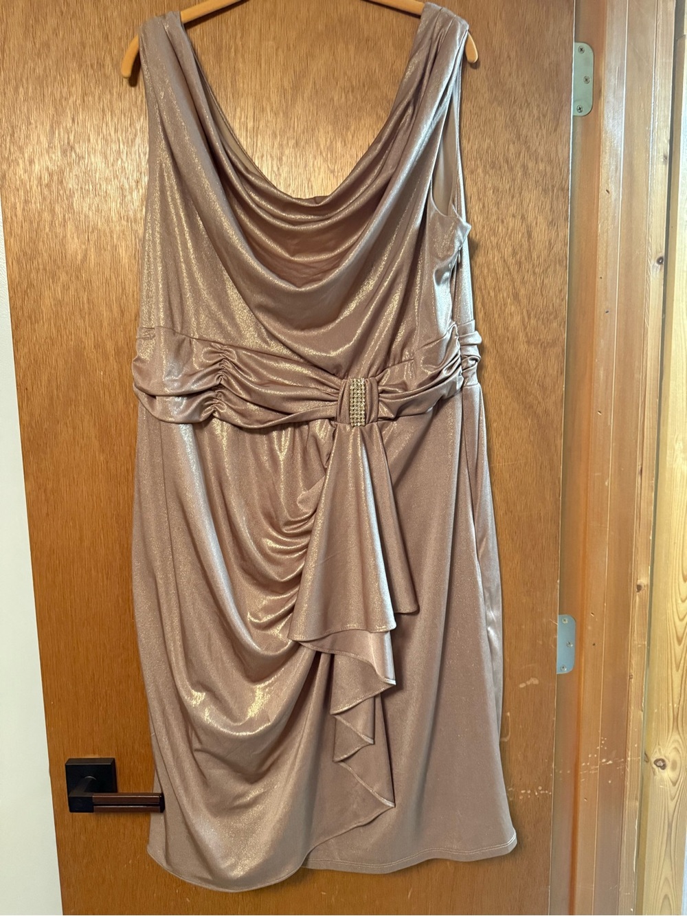 Midnight Velvet Metallic Taupe Drape-Front Cocktail Dress